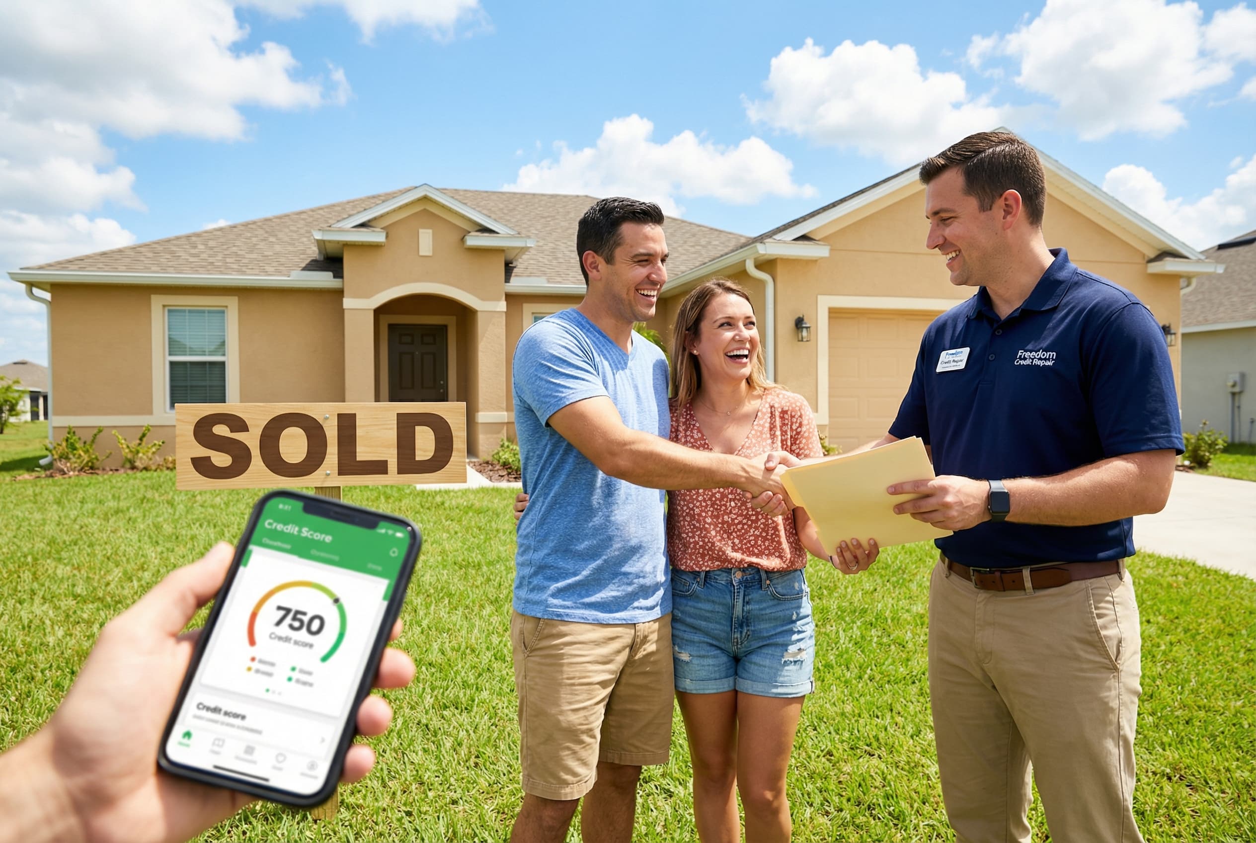A vibrant, photorealistic outdoor lifestyle shot of a happy couple standing in front of a beautiful, single-story stucco hous